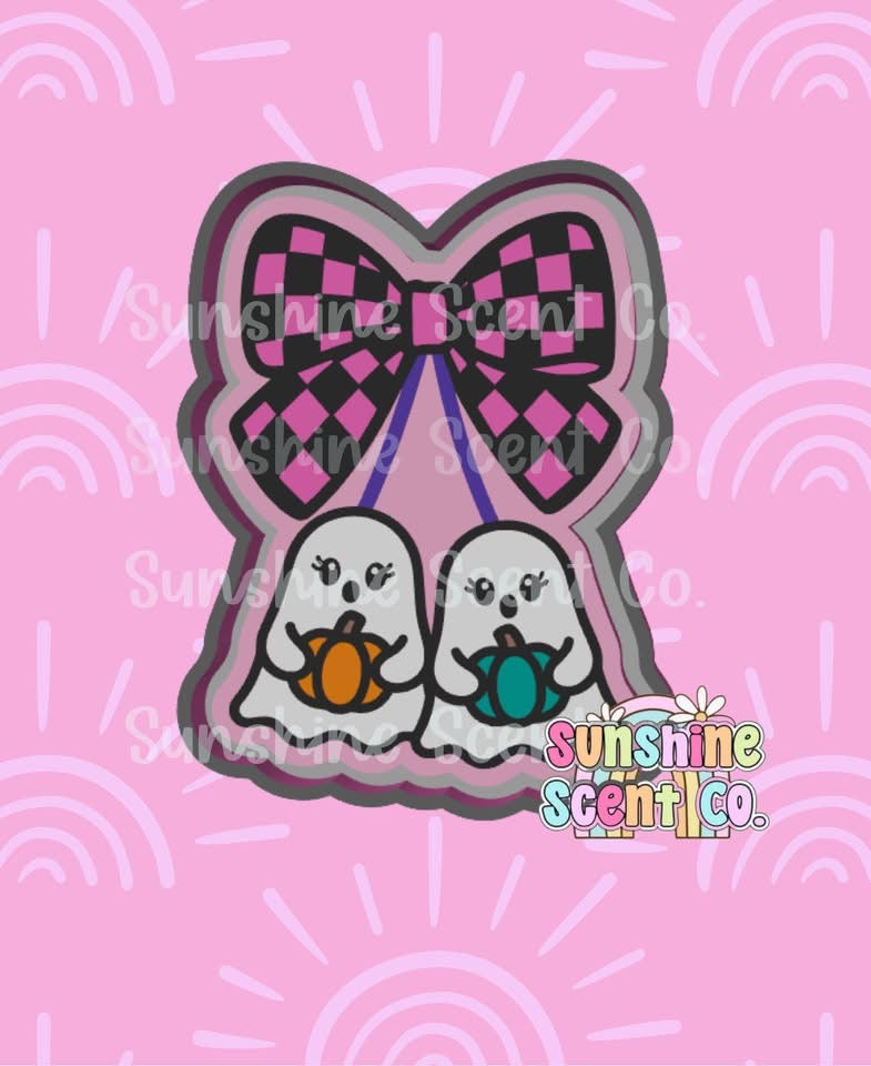 Checkered bow Ghost cherries holding pumpkins Freshie Mold